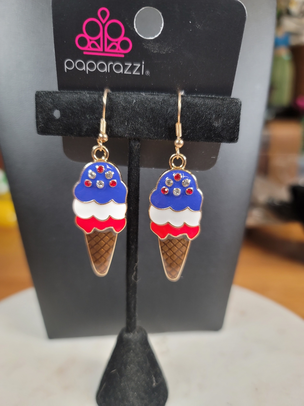 paparazzi Red White Blue Ice Cream Cone Earrings with Rhinestones